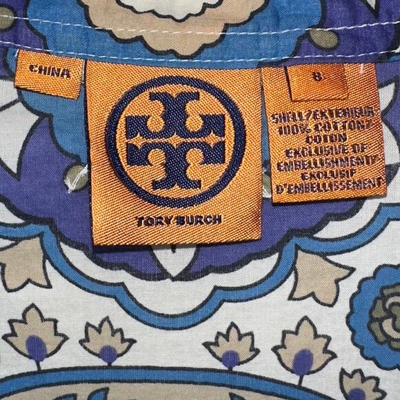 Tory Burch Stephanie Blue Alhambra Cotton Sequin Embellished Tunic Top Size 8 - Picture 3 of 16